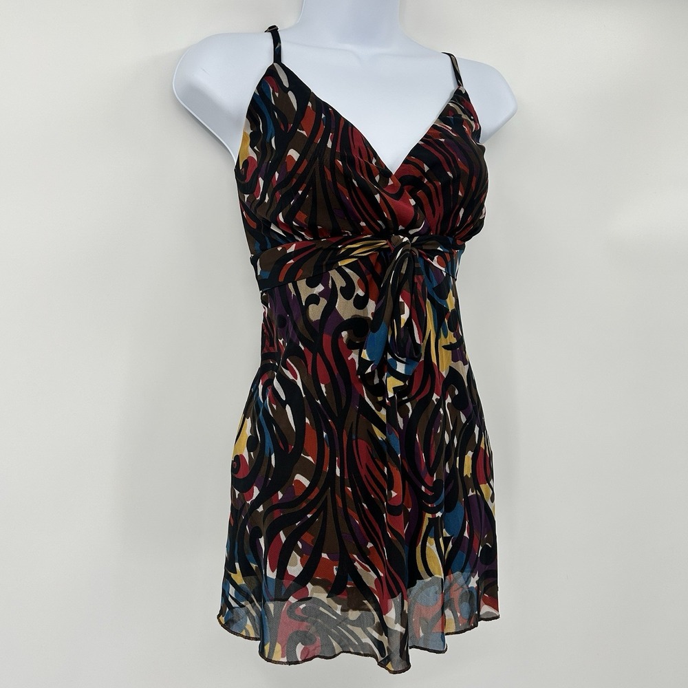 Vintage Y2K Artsy Abstract Babydoll Top Medium Tie Bow Sheer Lined Unique